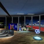 Studio 3d virtuale con immagini di Davide Moscardelli e altri calciatori di Serie A nei axi schermi un ologramma di un pallone e la rappresentazione di uno stadio fuori dalla finestra