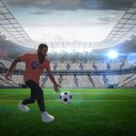 Avatar di Davide Moscardelli tira la palla in uno stadio 3D con la maglia de ilBarbaverso